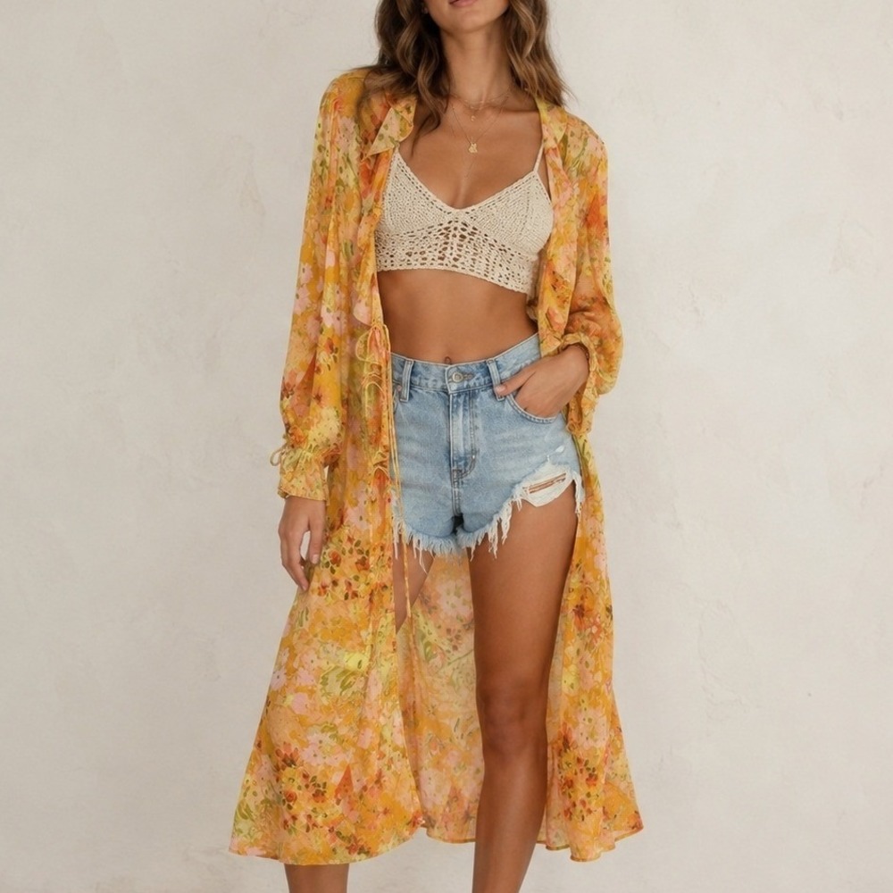 Wild Fable Bohemian Floral Duster Sheer Kimono Size Large Romantic Boho Beachy